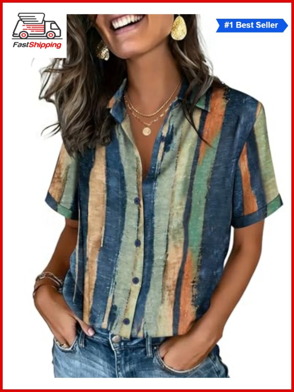 ✨ Women's Button Down Shirt Short Sleeve V-Neck Roll-Up Cuffs Blouse
